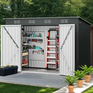 All-Weather Metal Outdoor Storage Cabin 9.1x4.2ft Double Doors Garden Tools Shed - Picture 1 of 11
