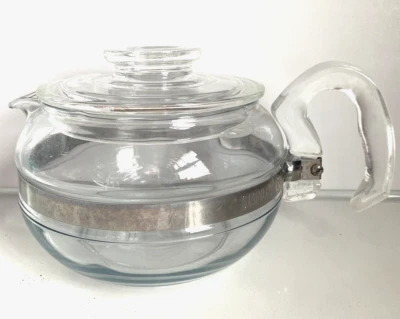 PYREX Flameware Clear 6 Cup Glass TeaPot with Lid 8336 Silver Band Vintage - Image 1 of 4
