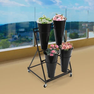 Black Flower Display Stand + 4PCS Buckets 2-Layer Steel Plant Stand w/ Wheels - Picture 1 of 17