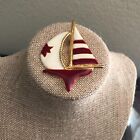 Vintage Sail Boat Brooch Enamel Red White and Gold
