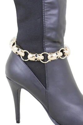 Women Shiny Gold Metal Chain Boot Bracelet Shoe Pirate Gothic Skull Bling Charms Foto 1 de 4
