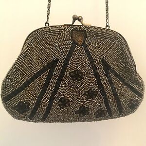 Immaculate Vintage Zara Gold & Black Beaded Evening Clutch Bag Handbag & Chain