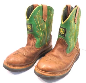 JOHN DEERE Brown Green Leather Western Country Cowboy Boots Youth Sz 4M JD3166 - Picture 1 of 8