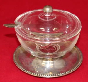 Antico cucchiaio argento sterling zucchero senape ciotola vetro vintage .925 servizio set coperchio - Foto 1 di 18