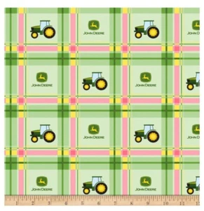 John Deere Fabric - Tractor on Green Pink Plaid Baby Nursery - Springs YARD - Picture 1 of 1