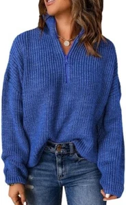Dokotoo Womens Quarter Zip Pullover Long Sleeve Sweater Dressy Top, Blue, M - Picture 1 of 5