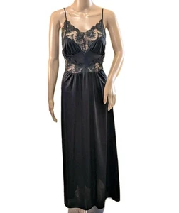 Vintage Rikki New York seidig schwarz Nylon Spitze Maxikleid Slip Neglige' Gr. M - Bild 1 von 13