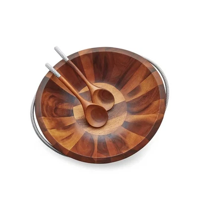 Nambe Braid Salad Bowl - Chrome & Wood - Modern Serveware - Bowl Only - Image 1 of 4