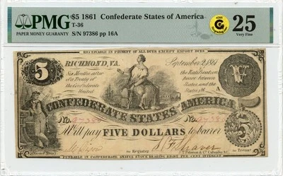 1861 $5 Confederate States of America T-36 CSA PMG VF25 GCC Gold - Image 1 of 3
