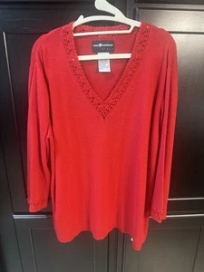 Sag Harbor True Red 3X Crochet Trim V Neck 3/4 Sleeve Knit Sweater Top - Picture 1 of 7