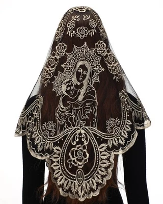 Church Veil Lace Mantilla - Triangle Virgin Mary Head Covering Spanish - Image 1 of 4