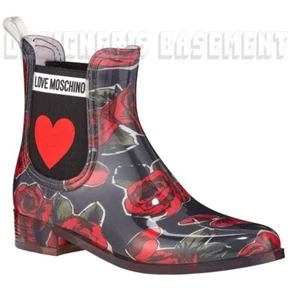 LOVE MOSCHINO rubber 37 black & red ROSES logo HEART ankle Rainboots NIB Authent - Bild 1 von 6