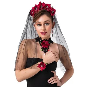 Day Of The Dead Set 4 Piece Red Roses Black Veil Choker Earrings Corsage - Picture 1 of 2