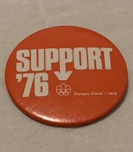 Vintage Support ‘76 Olympic Coins Button Pin *Made In Canada* Orange & White - Picture 1 of 4