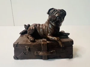 Heredities Signed Jean Spouse Resin Bronze Sculpture Pug Dog On Suitcase English - Picture 1 of 6