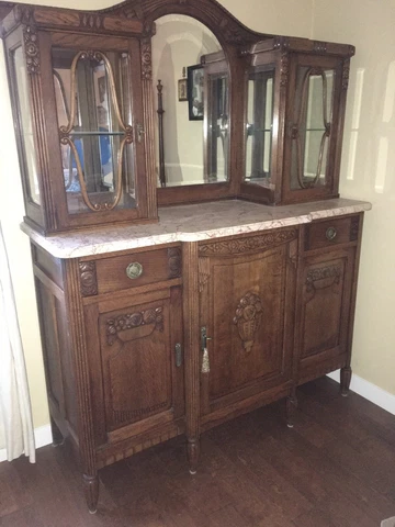 Antique Belgium hand carved marble top buffet and hutch old but good condition Cover