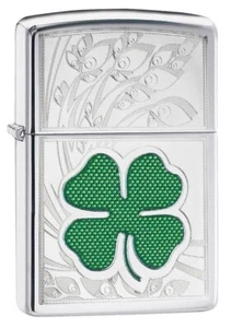 Zippo 24699, Lucky 4 Leaf Clover Design, High Polish Chrome Finish Lighter - Picture 1 of 3