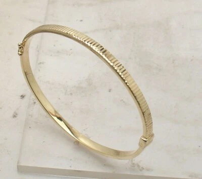 Medium Size Diamond Cut Oval Edged Hinged Bangle Bracelet Real 14K Yellow Gold - Image 1 of 4