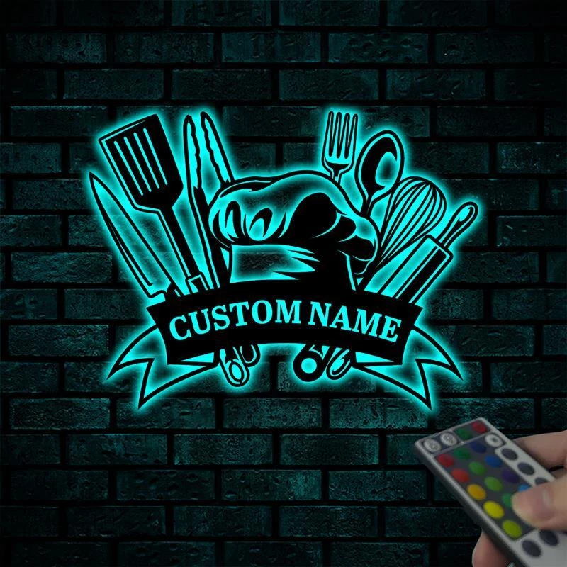 Herramientas de chef personalizadas arte de pared de metal con luces LED, herramientas de cocina letreros Foto 1 de 4