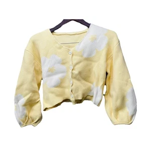 Girls Yellow Sweater Open Front Daisy Flowers Soft Cute School Wear Size 13-14Y - Picture 1 of 9
