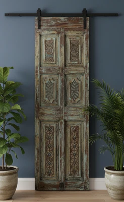 Porta esculpida vintage madeira tons verdes rústico indo espanhol despensa celeiro porta 80x26 - Imagem 1 de 4