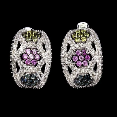 925 Sterling Silver Earrings Sapphire Round Diamond Cut Topaz Gemstone Jewelry - Image 1 of 4