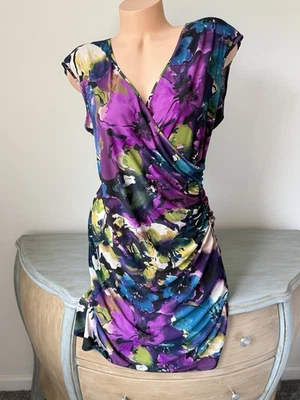 Chaps RL Dress Surplice V Neck Watercolor Purple Floral Faux Wrap Sz L Beautiful - Image 1 of 4