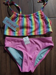 Cat & Jack SET Girl's Size M (8) Multicolor Striped Bikini Swim Set UPF 50+ - Picture 1 of 4