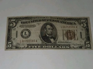 Scarce  WWII $5 HAWAII Emergency Issue OVERPRINT Note 1934 A  - Picture 1 of 8