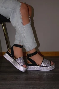 NEW Black Silver Rhinestone Med Wedge Heel Platform Sandals Ankle Strap Open Toe - Picture 1 of 6