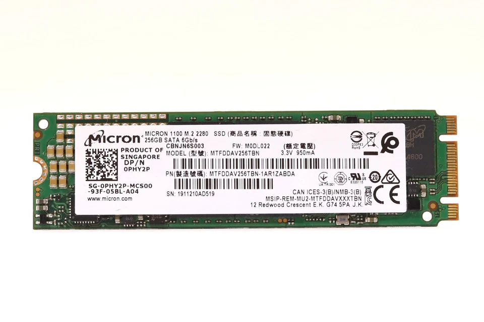 Dell MTFDDAV256TBN 256GB 6Gb/s M.2 2280 TLC SATA SSD Dell P/N: 0PHY2P Tested - Image 1 of 2
