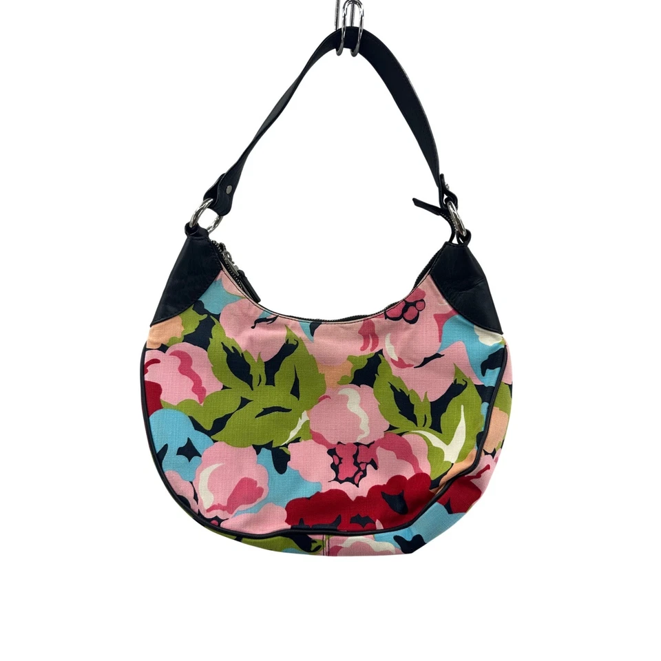 Talbots 花卉印花手提包钱包流浪汉包粉色绿色蓝色棉质可爱 — 第 1/4 张图片