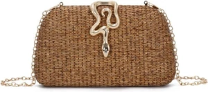Gold Straw Clutch Purse with Snake Charm and Rhinestone Luxury Boho Evening Bag - Picture 1 of 6