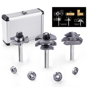 Tongue and Groove Set of 3 Pieces 1/4 Inch Shank Router Bit & Lock Miter Router  - Picture 1 of 12