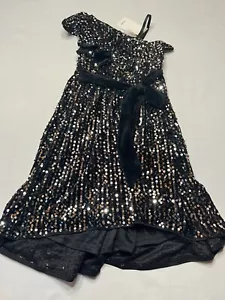 Grace Karin Girls One Shoulder Sequin Dress 8 Yrs With Bow Black And Gold Hi-Low - Picture 1 of 14