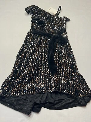 Grace Karin Girls One Shoulder Sequin Dress 8 Yrs With Bow Black And Gold Hi-Low - Image 1 of 4