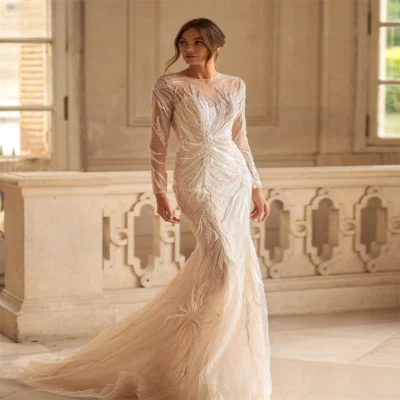 Luxury Mermaid Wedding Dresses Round Neck Long Sleeve Lace Applique Bridal Gowns - Image 1 of 4