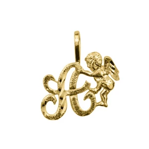 Genuine 14k Yellow Gold 0.59" Cherub and Cursive Script Initial Letter Pendant - Picture 1 of 25