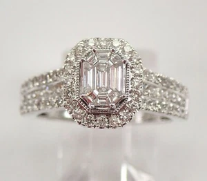 14K White Gold Emerald Cut Diamond Halo Cluster Engagement Ring Size 7 - Picture 1 of 7
