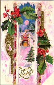 Vintage Unique Fantasy Christmas Postcard Santa in Car with Moon Gold Gilt - Picture 1 of 3