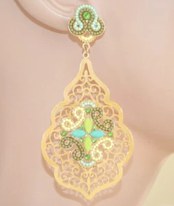 Orecchini donna perline verde acqua oro dorati filigrana pendenti lunghi U80X - Foto 1 di 2