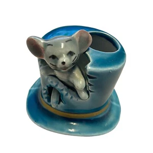 Vintage Mouse in Blue Top Hat Ceramic Toothpick Holder - Japan - Picture 1 of 8