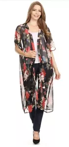 Loose Fit Long Cardigan Blouse Cover Up Floral Prints Base Black One Size - Picture 1 of 4