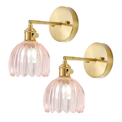 Juego de dos apliques de pared con cable, aplique de luz vintage con vidrio rosa tulipán... Foto 1 de 4