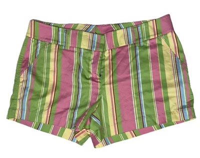 Pantalones Cortos de Golf Loudmouth Mujer Talla 10 Rosa Verde Amarillo Azul Rayas Frente Plano Foto 1 de 4