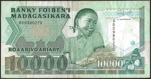 Madagascar - billet de 10000 francs / 2000 Ariary 1989 - 1994 TTB+ ! P#74b - Foto 1 di 2