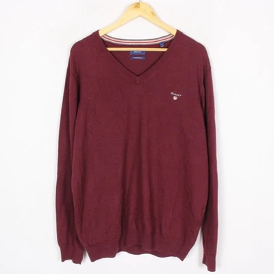 Pull homme GANT taille XL col V tricot serré coton laine rouge me9703 - Photo 1/4