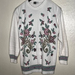 Suéter Beldoch Popper Blanco De Colección Bordado Floral Acentos Azulados Talla M EE. UU. Y2K - Imagen 1 de 15