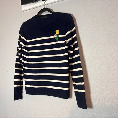 J. Crew Sweater Merino Wool Navy Cream Striped Flower Embroidery Size Small - Image 1 of 4