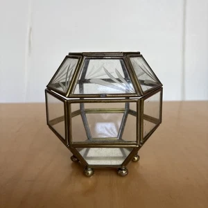 Trinket Box Glass Casket Hexagon Jewelry Gold Metal Trim Etched Glass Excellent! - Picture 1 of 7
